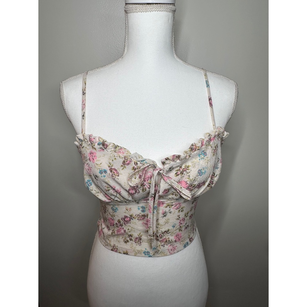 Love Tree Women Cream Pink Floral Ruffle Tie Front Smocked Cami Crop Top Small